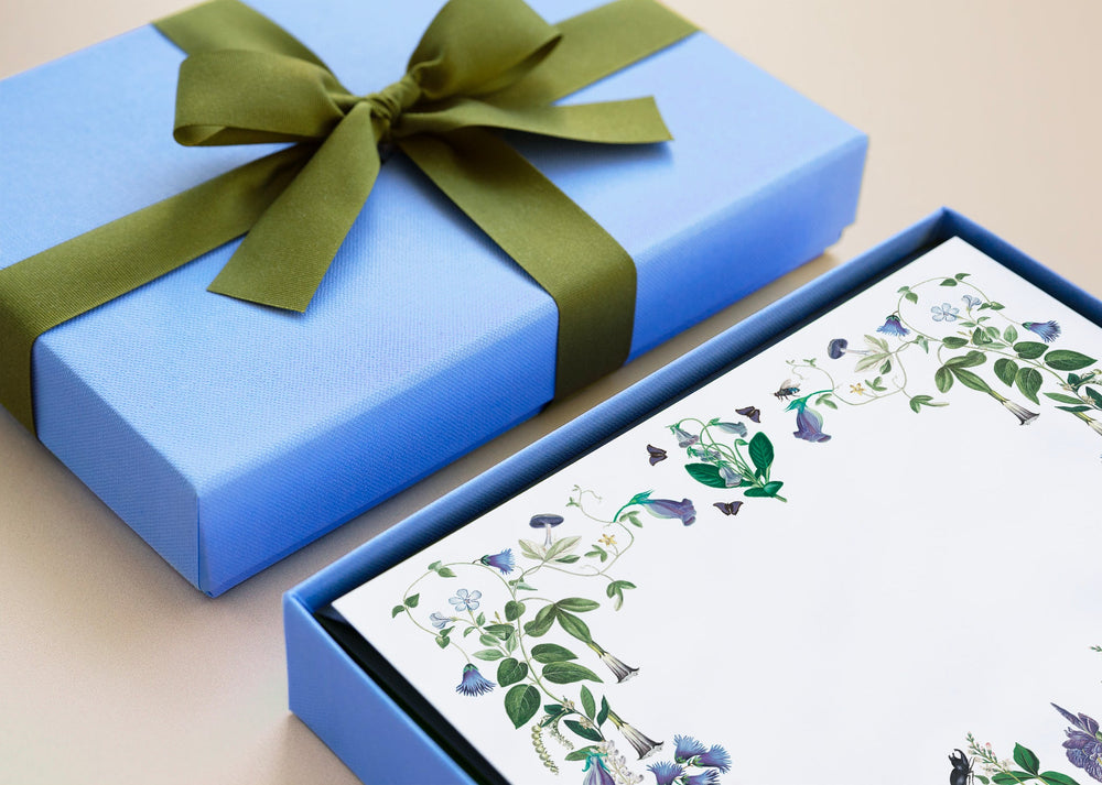 Angled view of Malvada personal stationery showing floral-border writing paper in an open blue gift box with olive green ribbon on a beige background