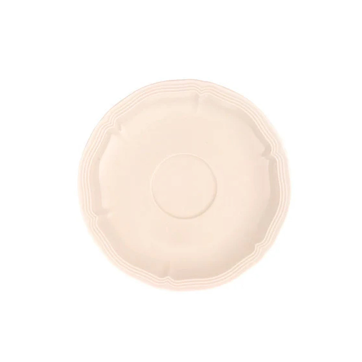 Top view of Manoir Tea Saucer showcasing gently raised scalloped edge on white background