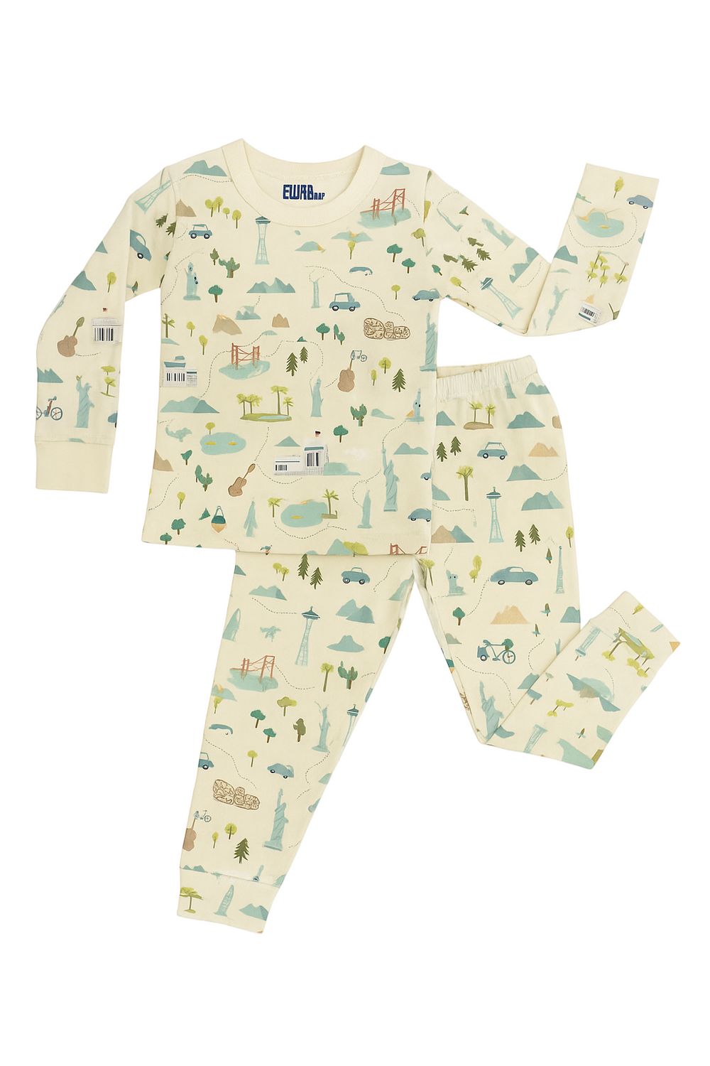 Flat lay of Map bamboo pajama set for kids showing long sleeve top and matching pants with map print on white background