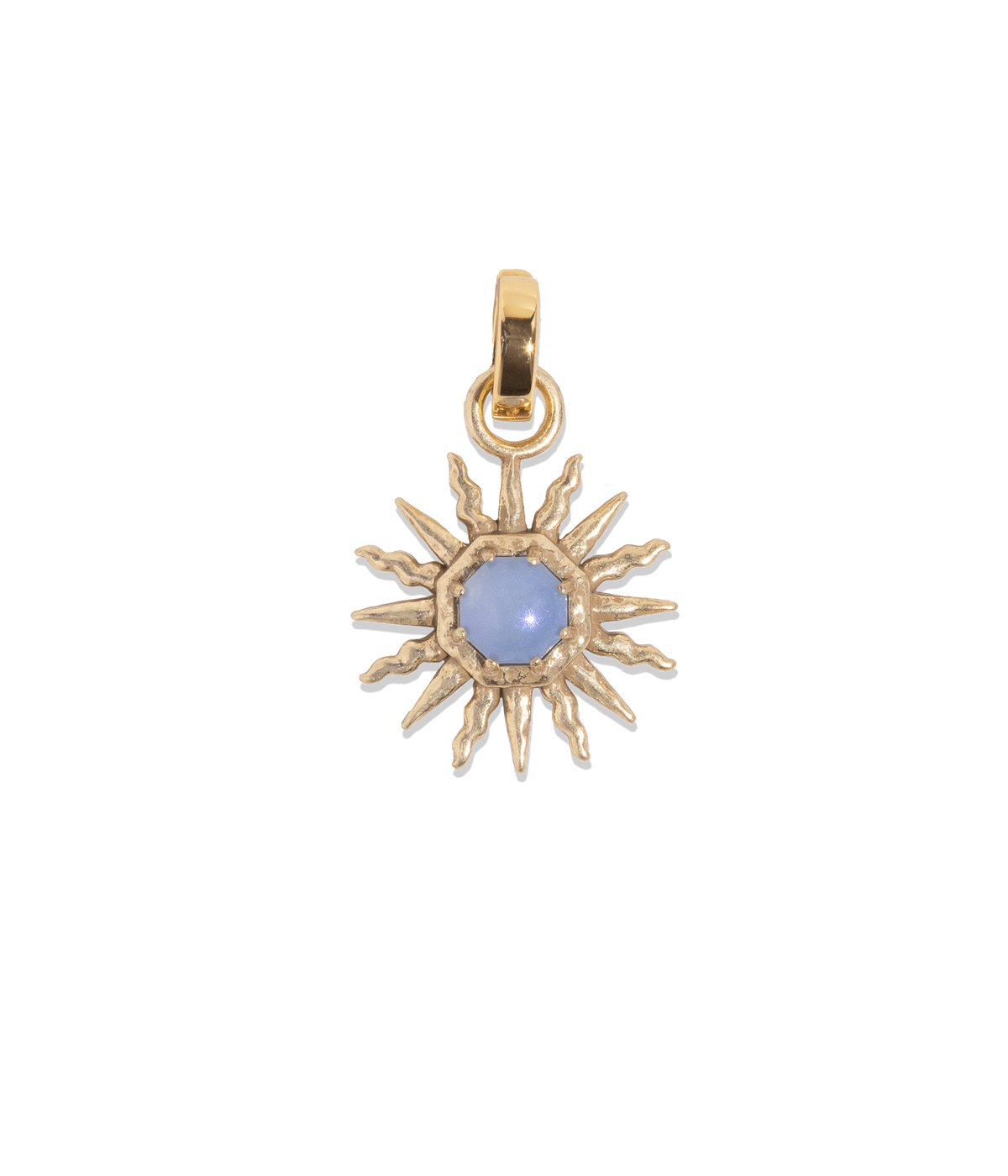 Front view of Fira Sun Pendant in Gold showcasing a blue glass cabochon and hammered sun rays on a black background