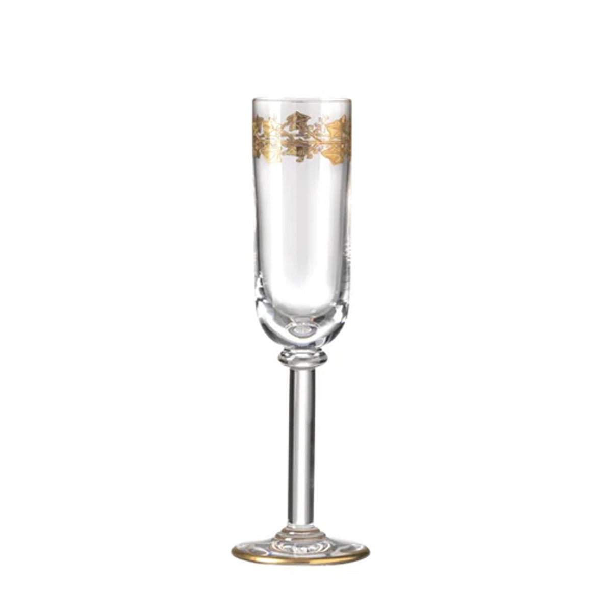 Front view of Marchese Flute Goblets Gold Thread, Set of 2 showcasing hand-painted gold floral designs on white