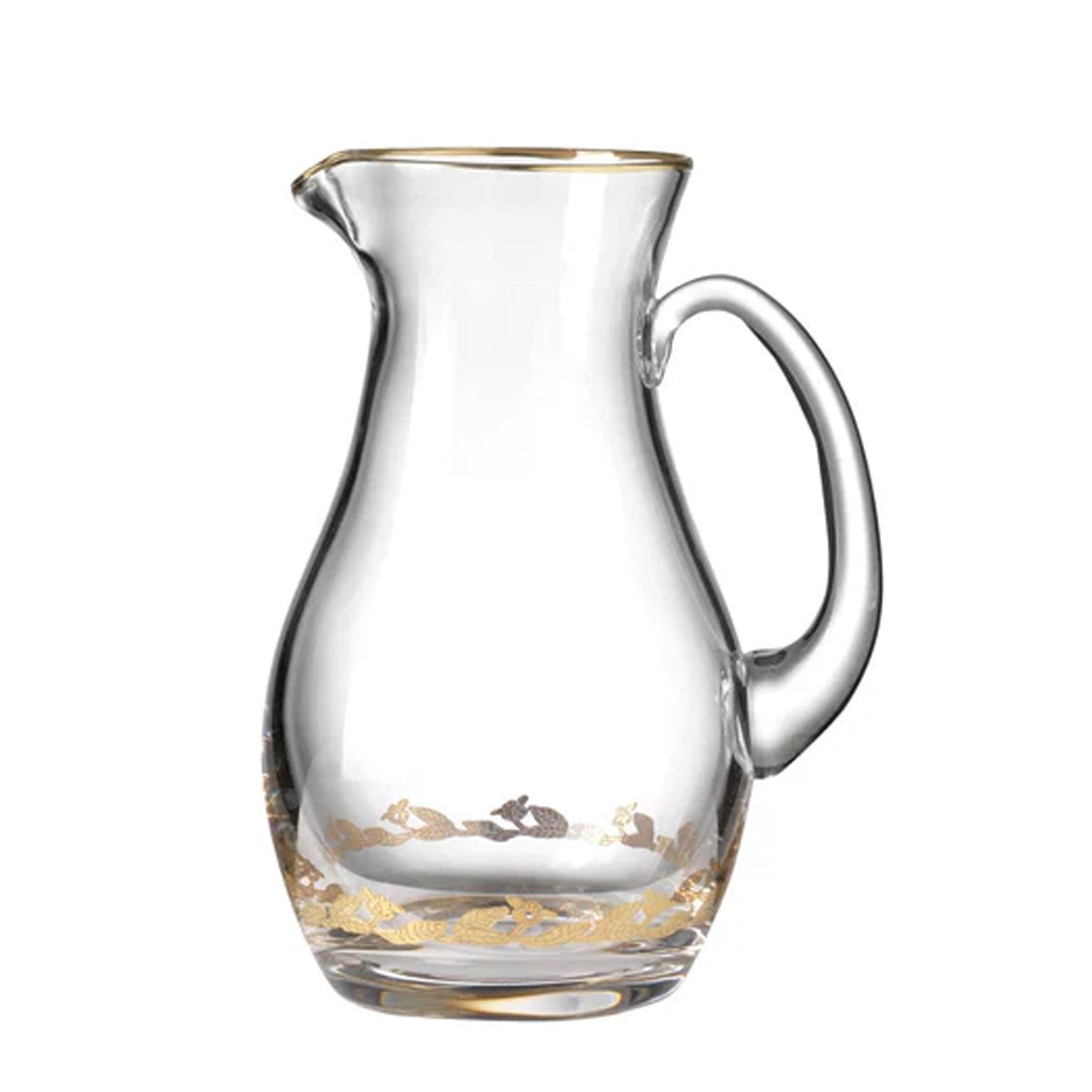 Front view of Marchese Pitcher Gold Thread showcasing hand-painted gold floral designs and gold thread finish on white background
