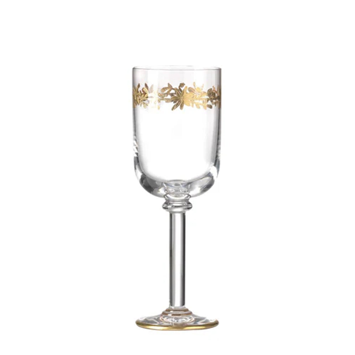 Front view of one Marchese water goblet showcasing hand-painted gold floral designs and gold thread finish with a white background