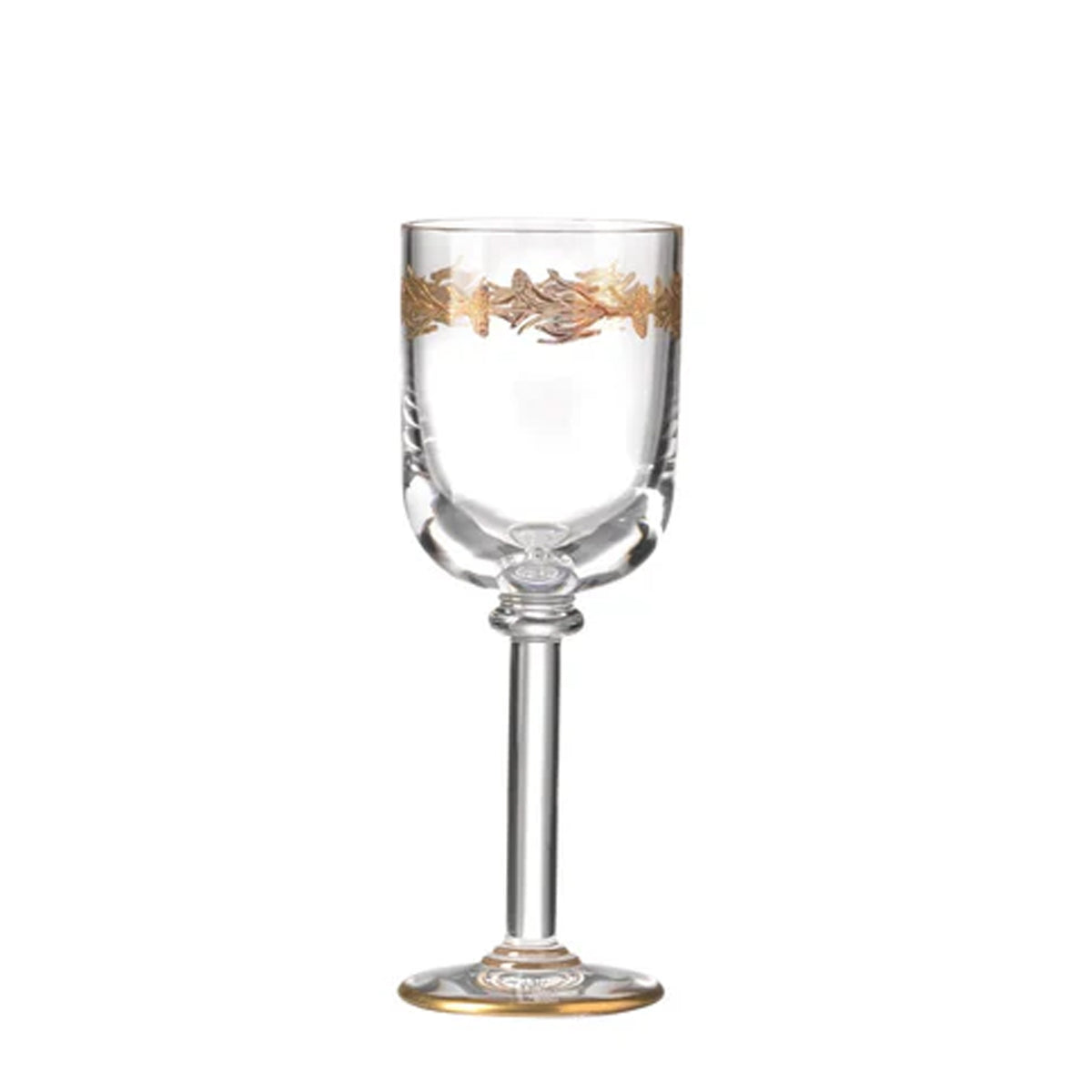 Front view of a Marchese wine goblet showcasing hand-painted gold floral designs and gold thread finish on white background