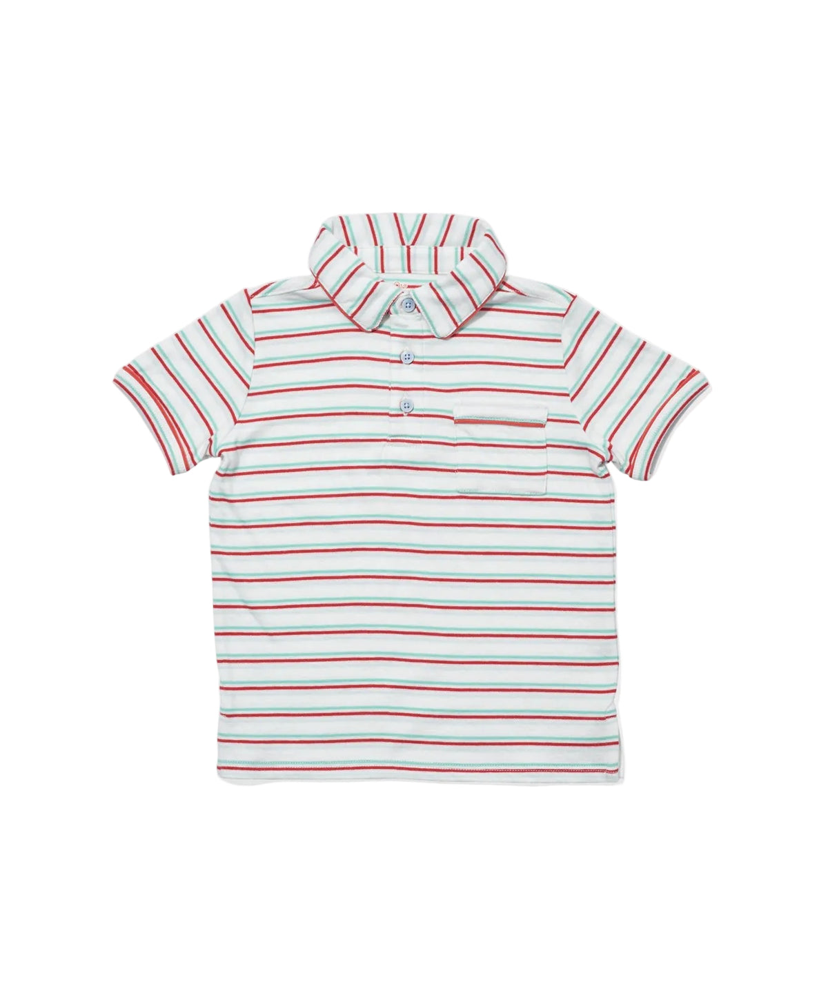 Flat lay of Marco Polo short-sleeve polo showing turquoise triple stripes, piped collar and chest pocket on white background