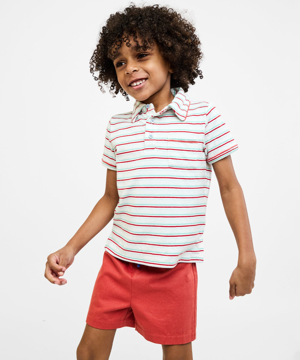 Front view of Marco Polo in Turquoise Triple Stripe showing piped collar and chest pocket on child model with white background