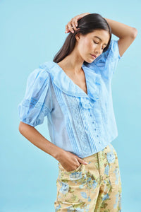 The Mare Top in Sky Blue paired with Mallory Jeans in garden rose periwinkle.