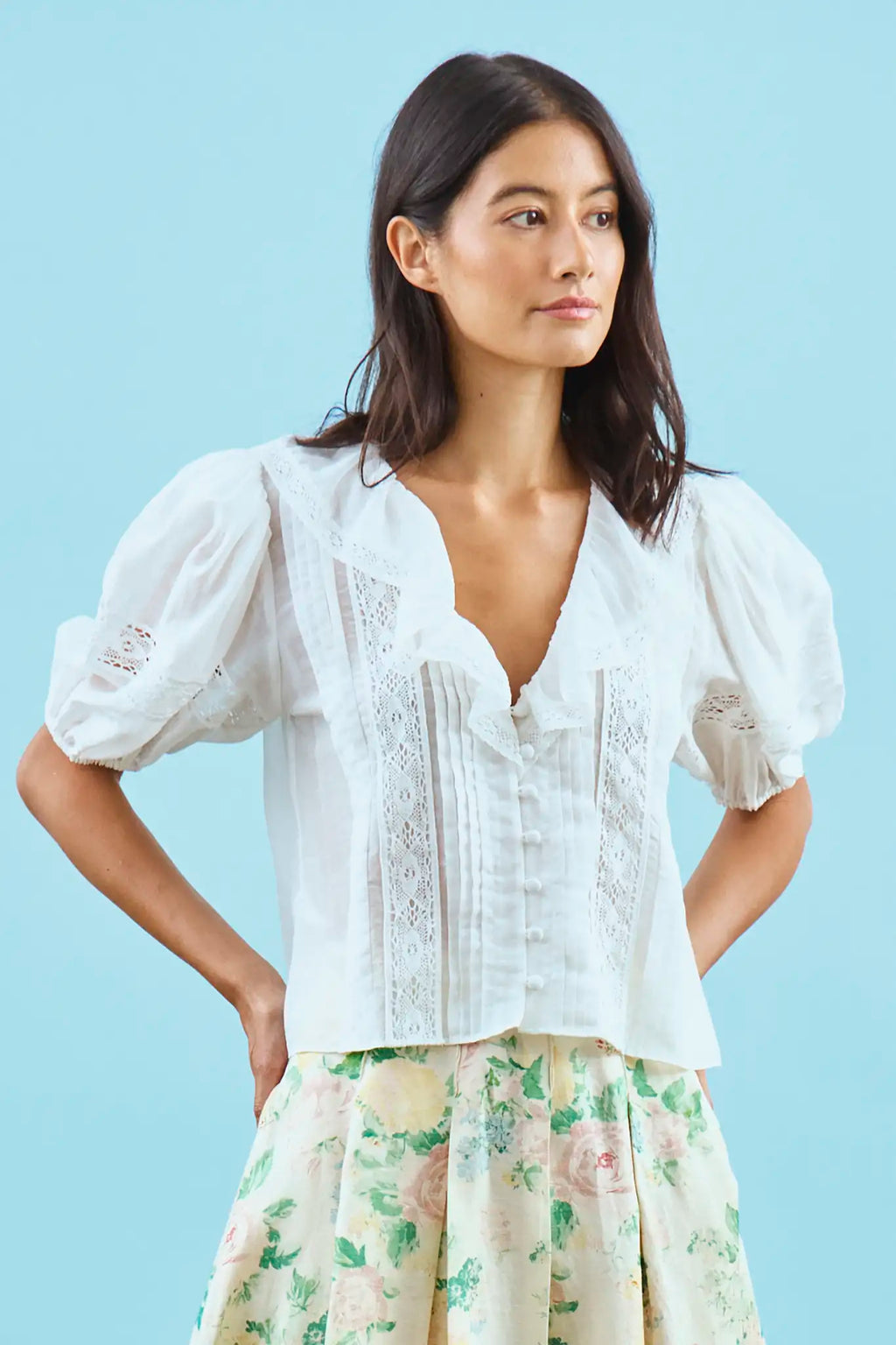 The Mare top in white paired with Alexis Skirt in Garden Rose Peony.