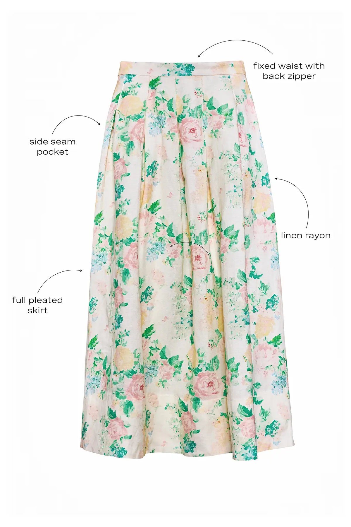 The Alexis Skirt in Garden Rose Peony paired with white Mare Top with blue background.