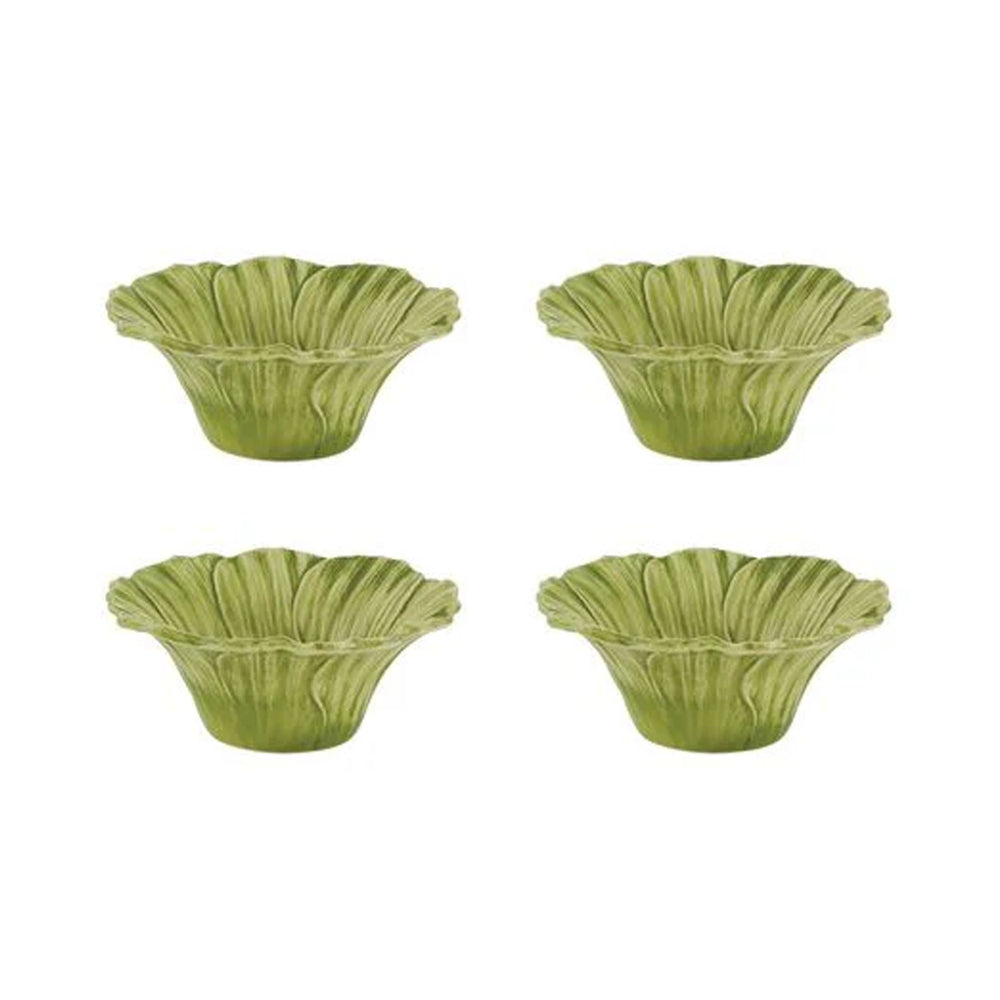 Front view of set of four Maria Flor Cosmos bowls showcasing ruffled petal edges and leaf-textured glaze on white background