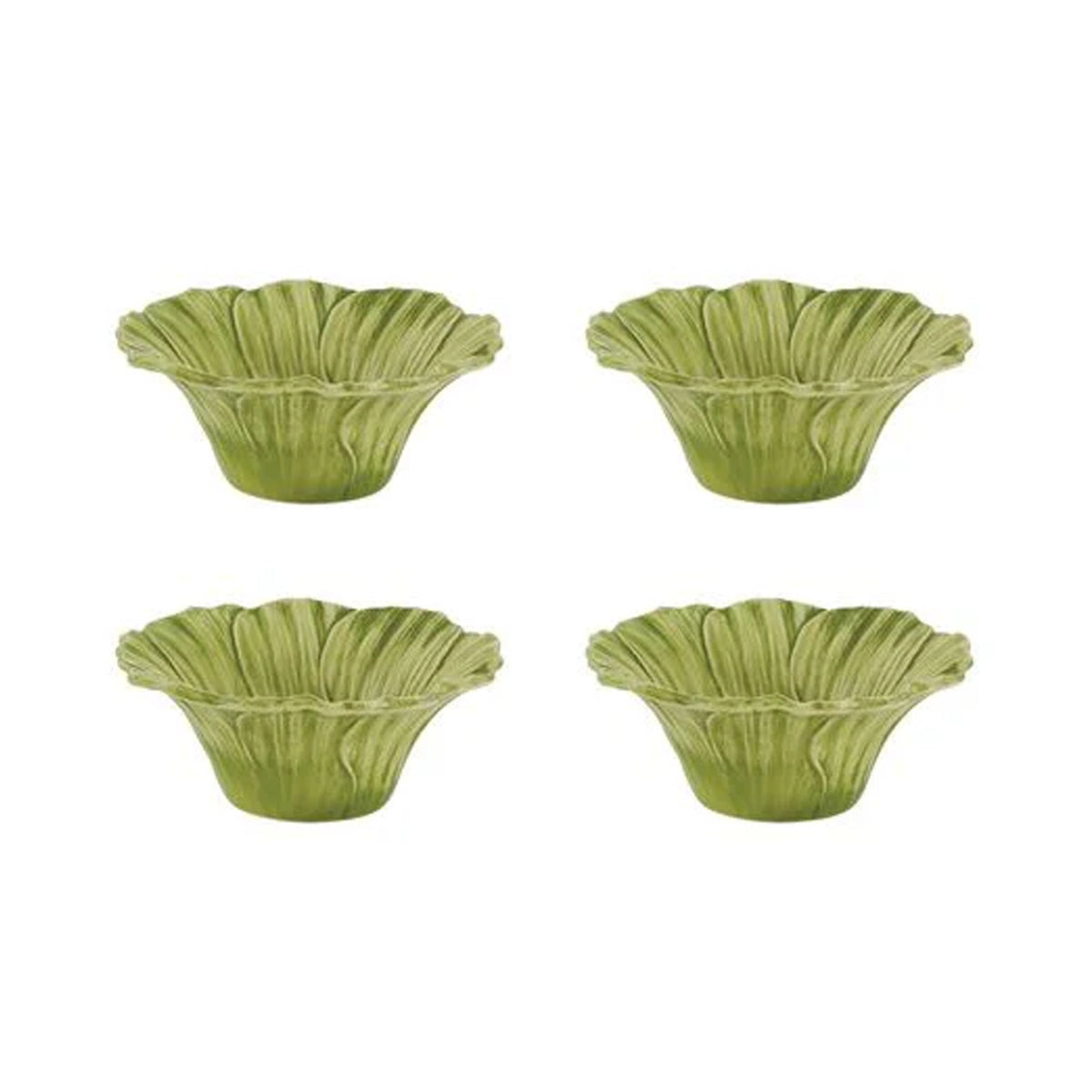 Front view of set of four Maria Flor Cosmos bowls showcasing ruffled petal edges and leaf-textured glaze on white background