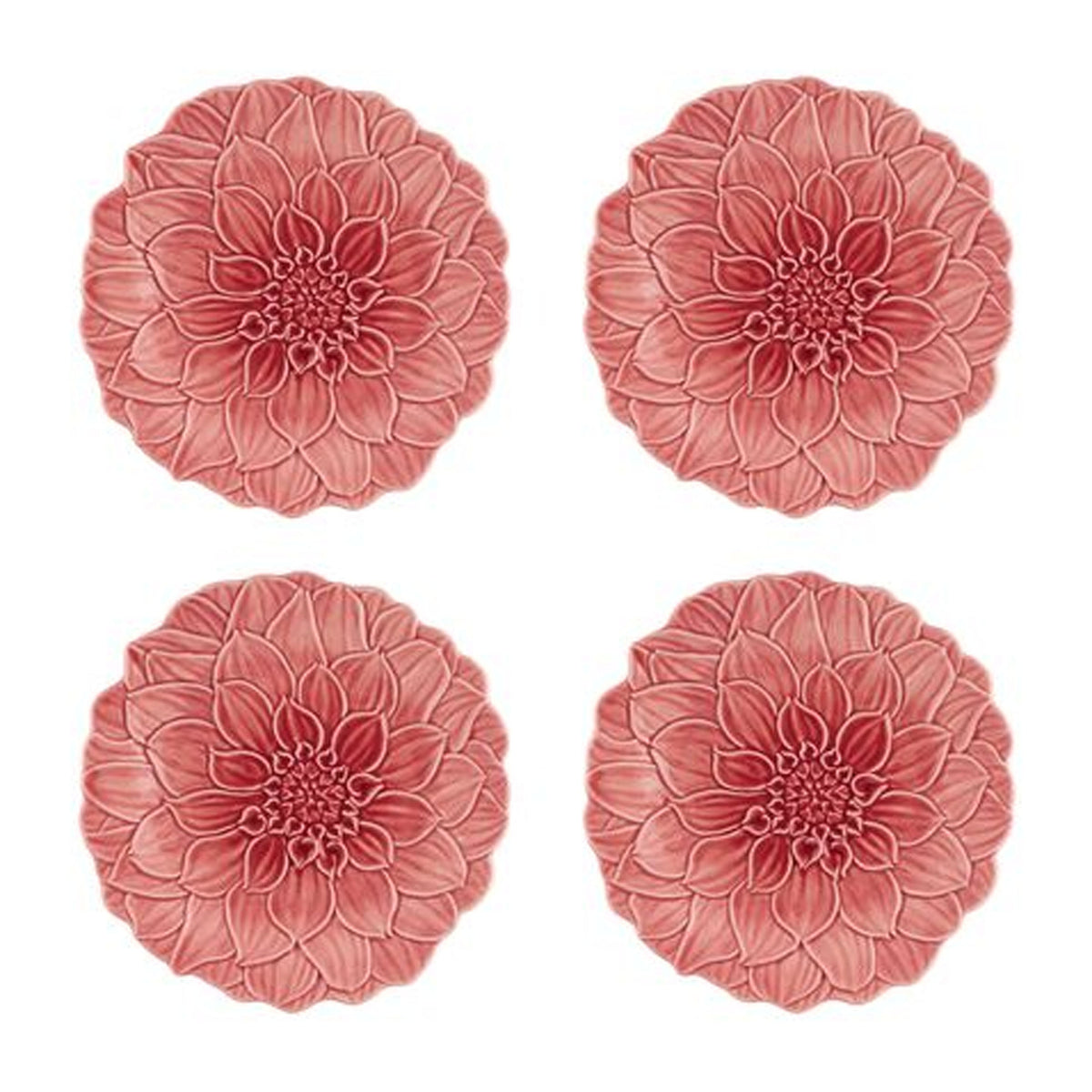 Front view of Maria Flor Fruit Plate set of four showcasing pink dahlia floral designs on a white background