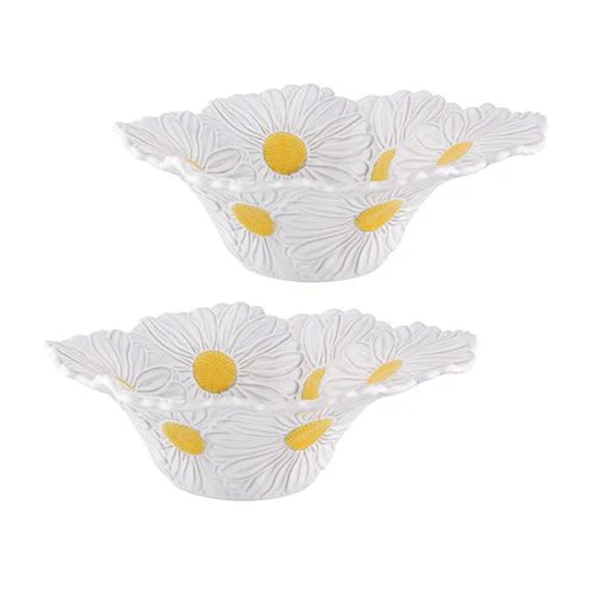 Front view of Maria Flor Salad Bowl 13 oz, set of 2 showcasing white floral relief and yellow centers on a white background