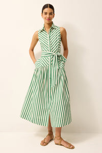 Green and white striped midi dress