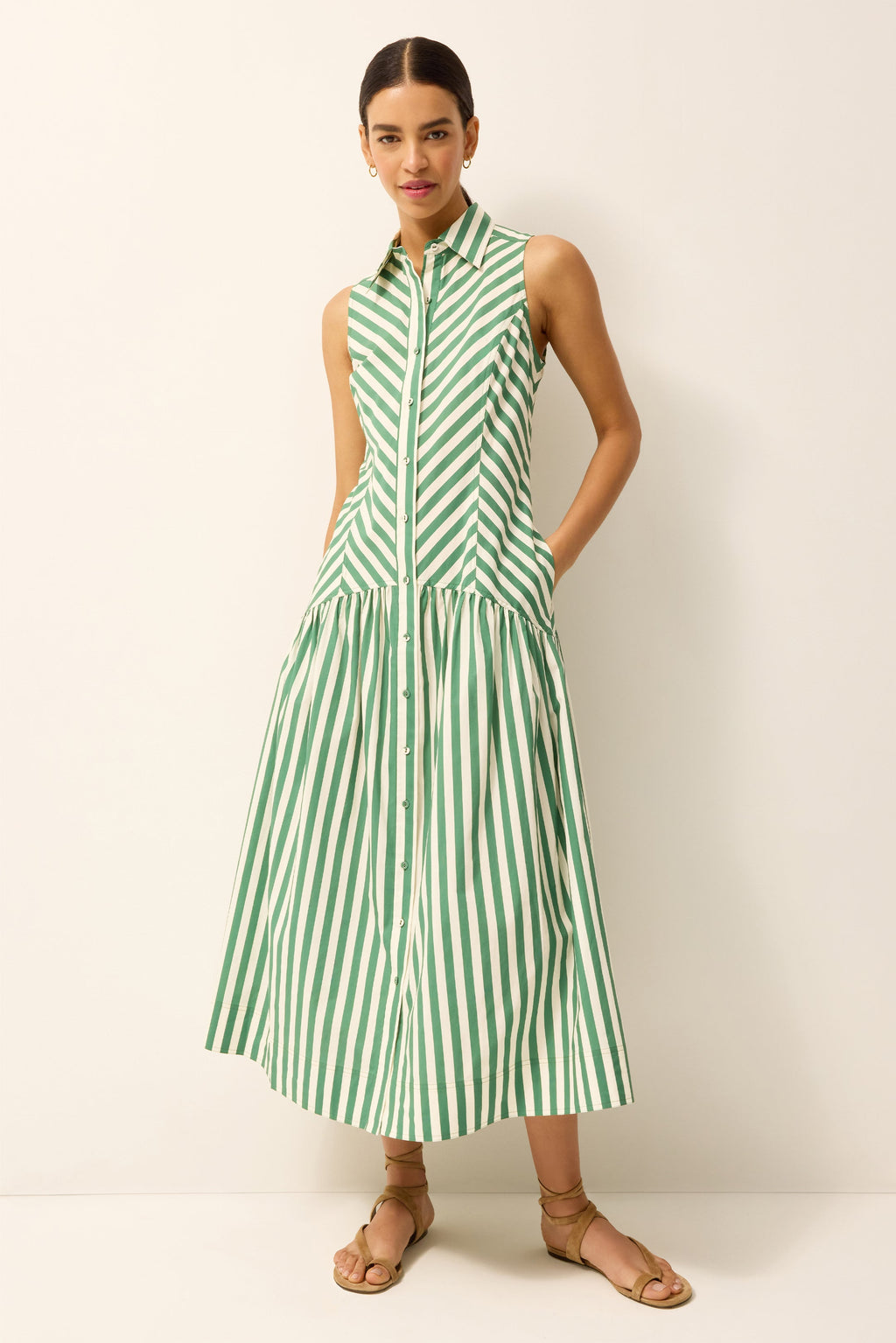 Belted green and white striped midi dress
