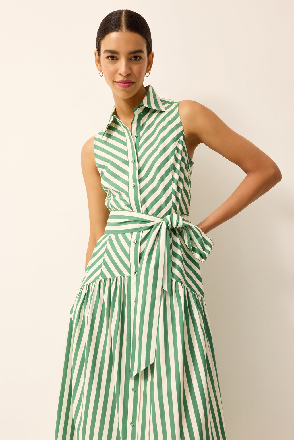 Green and white striped v-neck midi dress