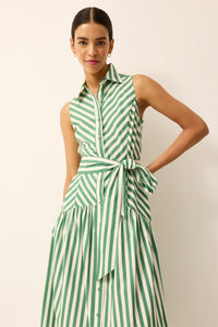 Green and white striped v-neck midi dress