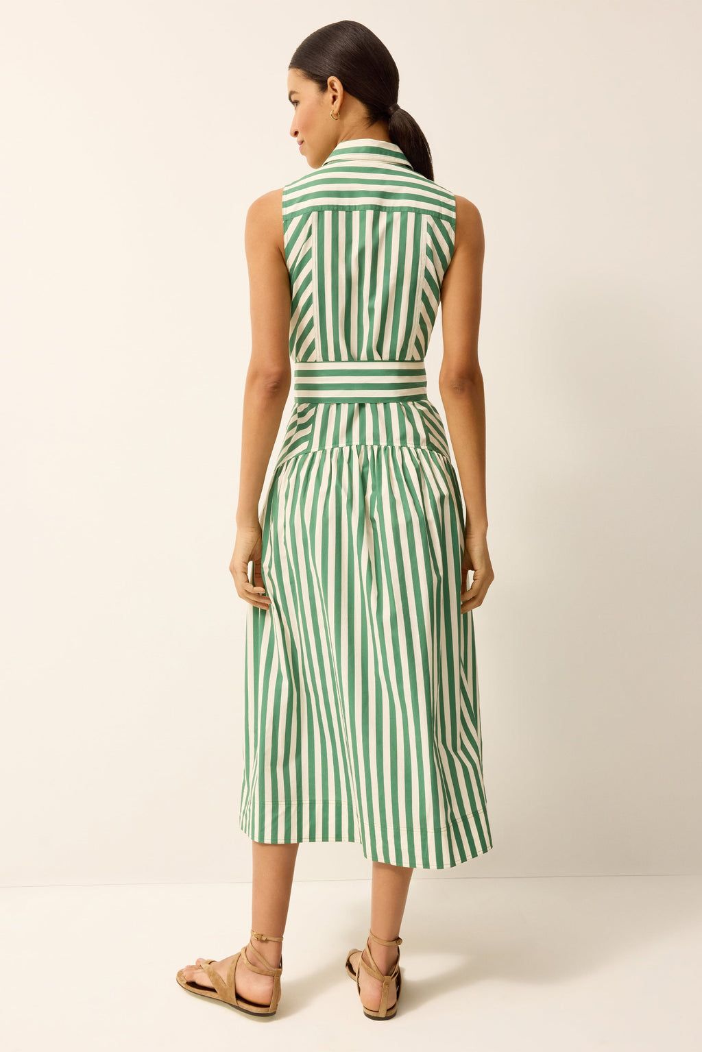 Sleeveless green and white striped midi dress with a collared neckline 
