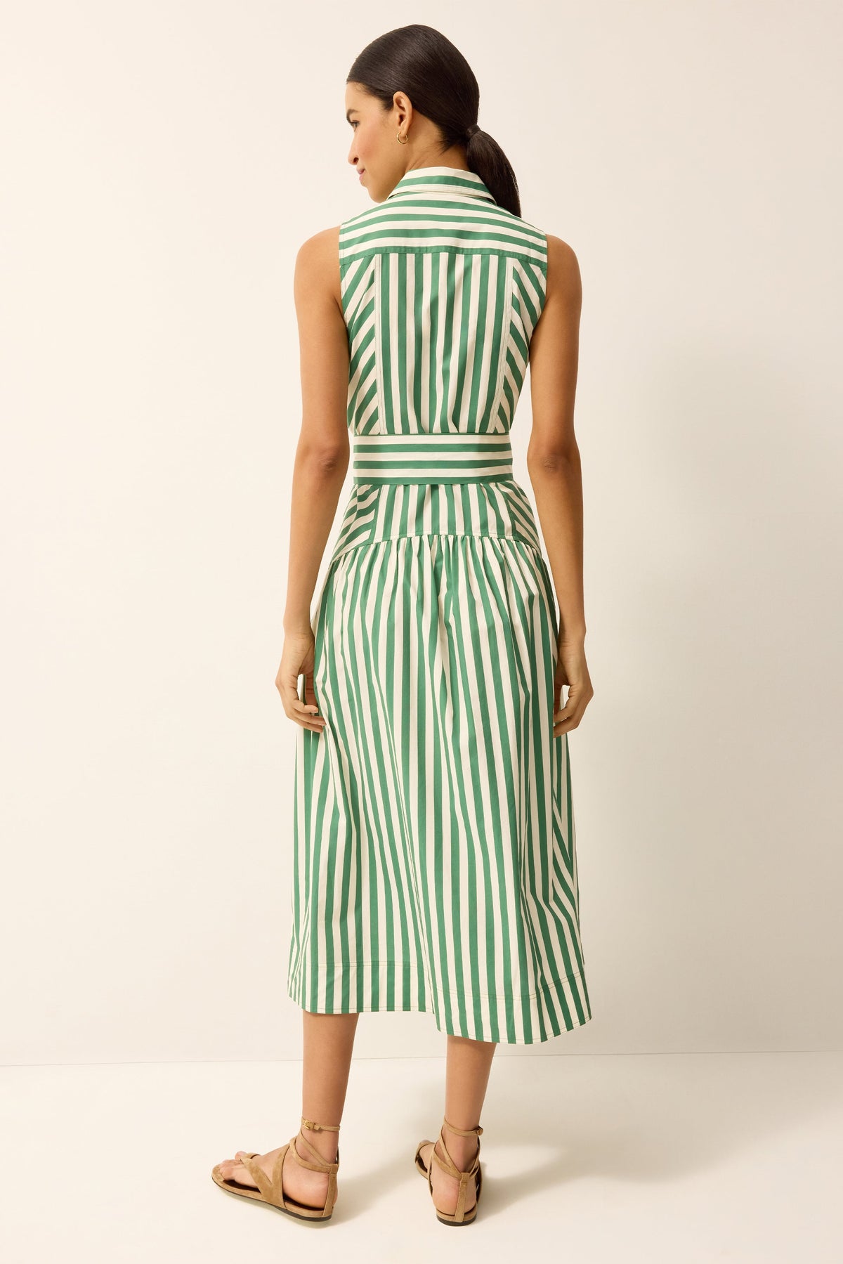 Sleeveless green and white striped midi dress with a collared neckline 