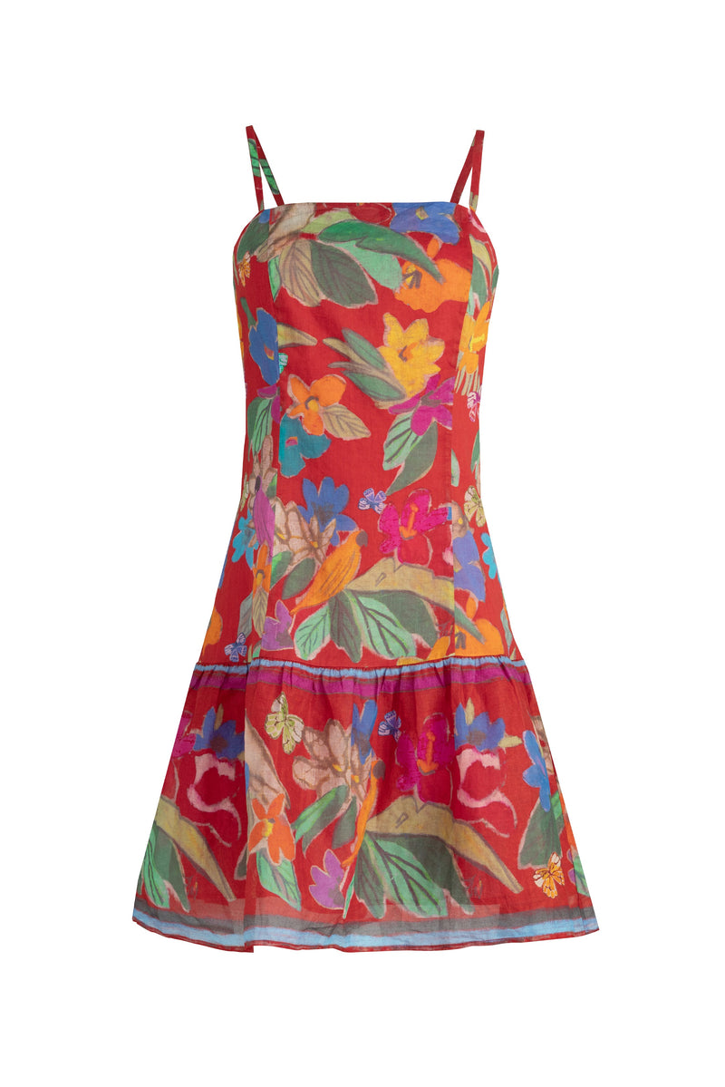 Bold printed mini dress with straight neckline and relaxed fit 