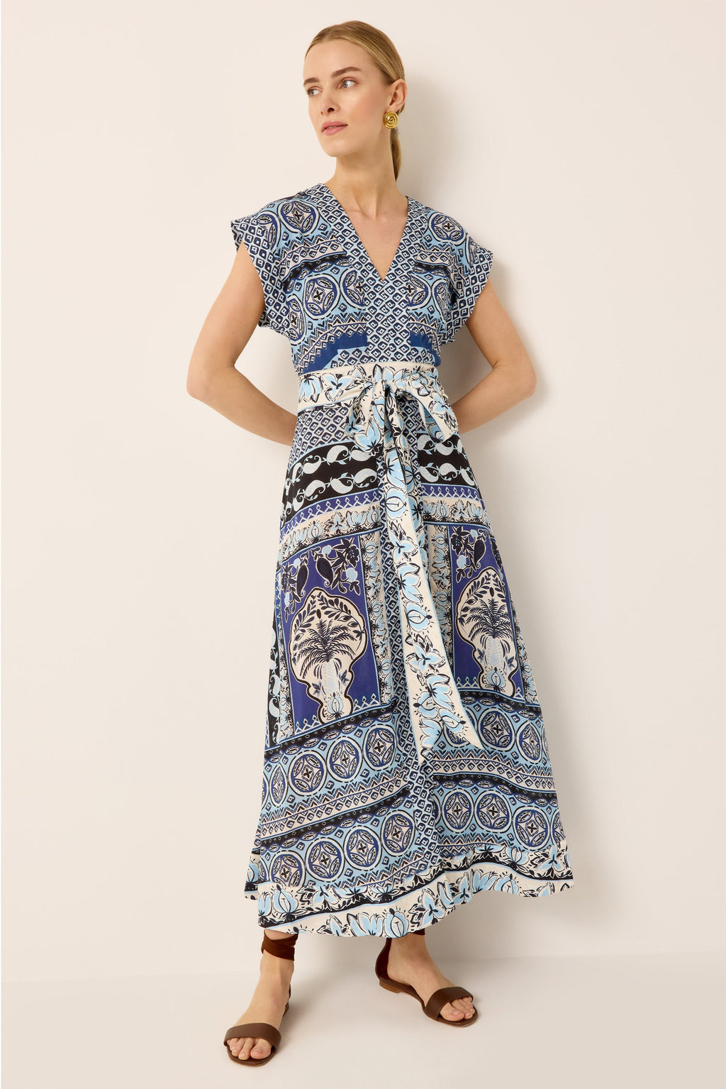 Blue and white tropical printed midi dress