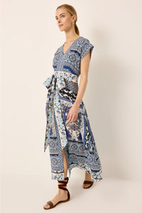 Blue and white tropical printed belted midi dress