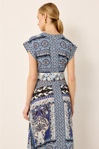 Blue and white tropical printed midi dress with cap sleeves