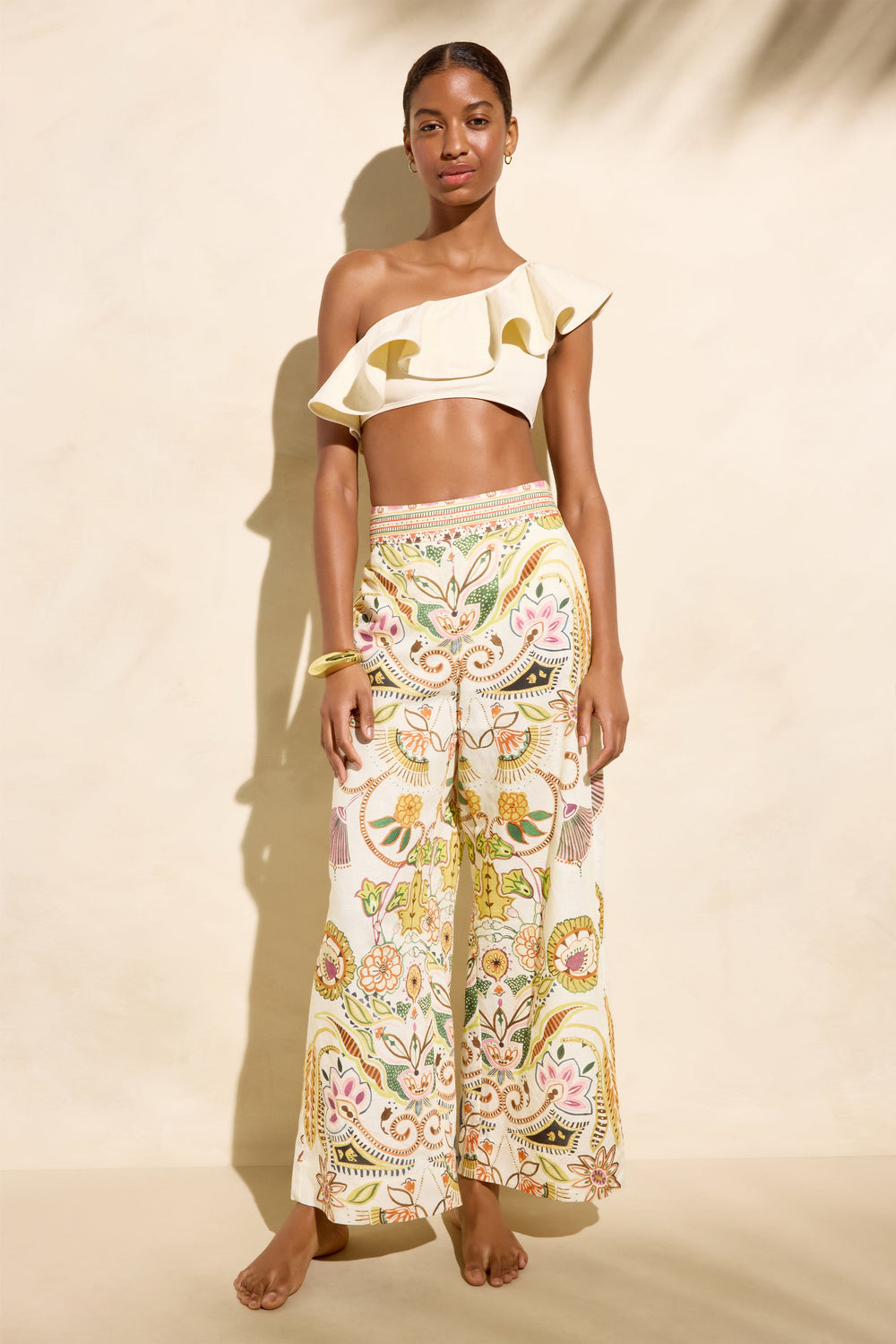 Front view of Bennett Pant in Haven, relaxed wide-leg palazzo with colorful placement print