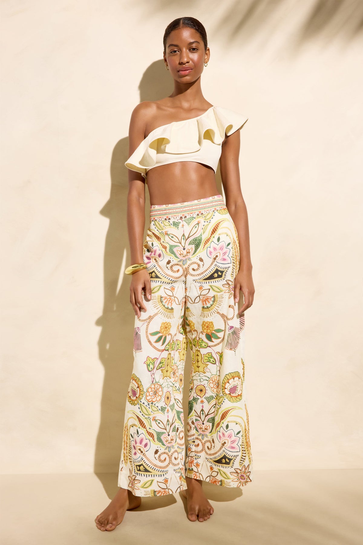 Front view of Bennett Pant in Haven, relaxed wide-leg palazzo with colorful placement print