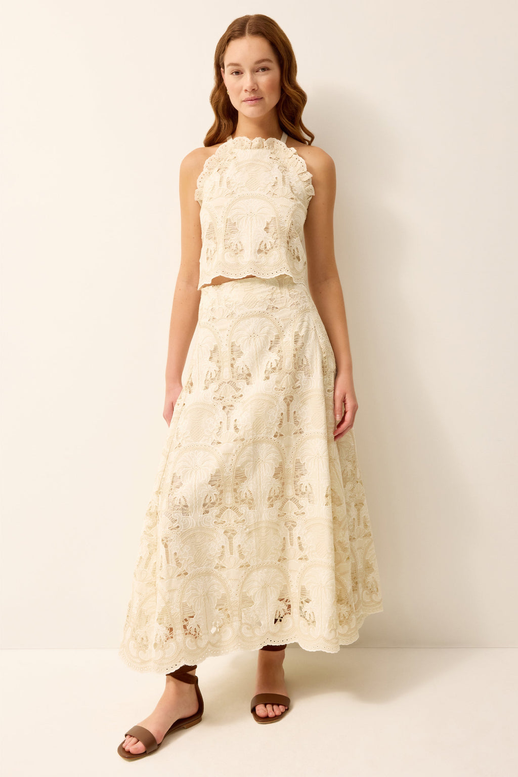 Allover embroidered ivory maxi skirt