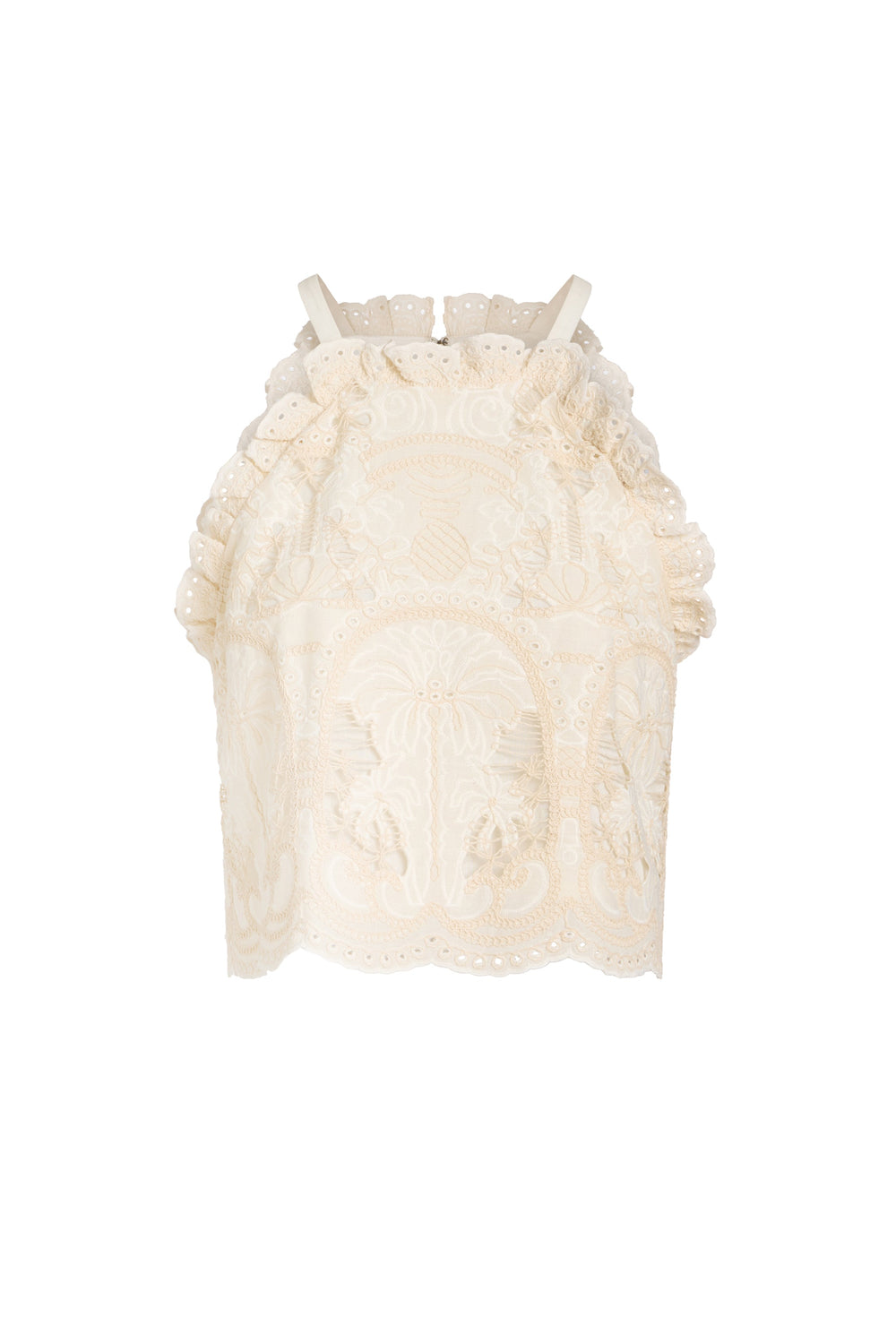 Halter neck cream embroidered bib top