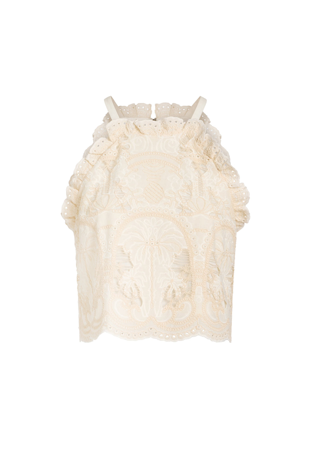 Halter neck cream embroidered bib top