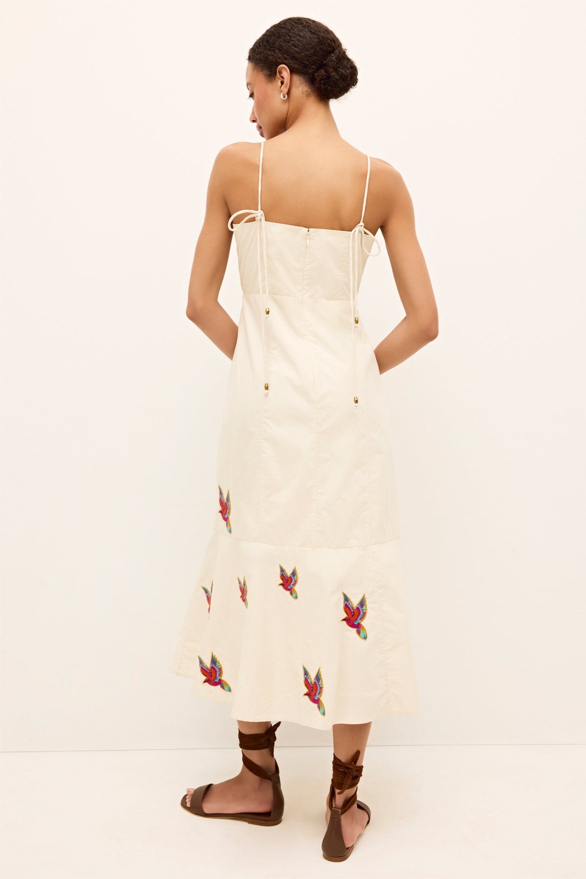 Lightweight white A-line dress with spaghetti straps and colorful bird pattern 