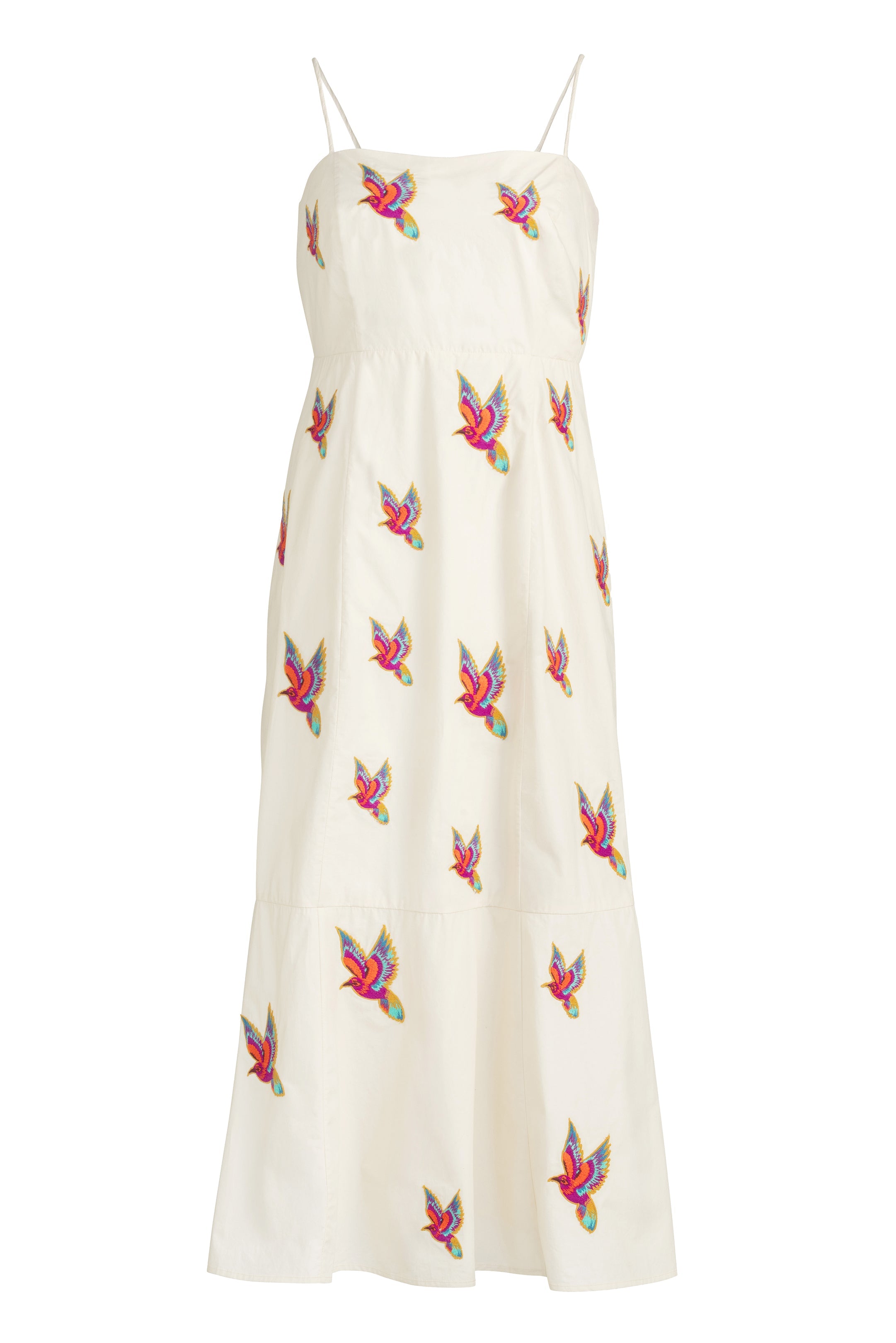 Relaxed fit midi dress in cream with delicate red and blue bird accents 