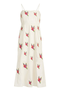 Relaxed fit midi dress in cream with delicate red and blue bird accents 