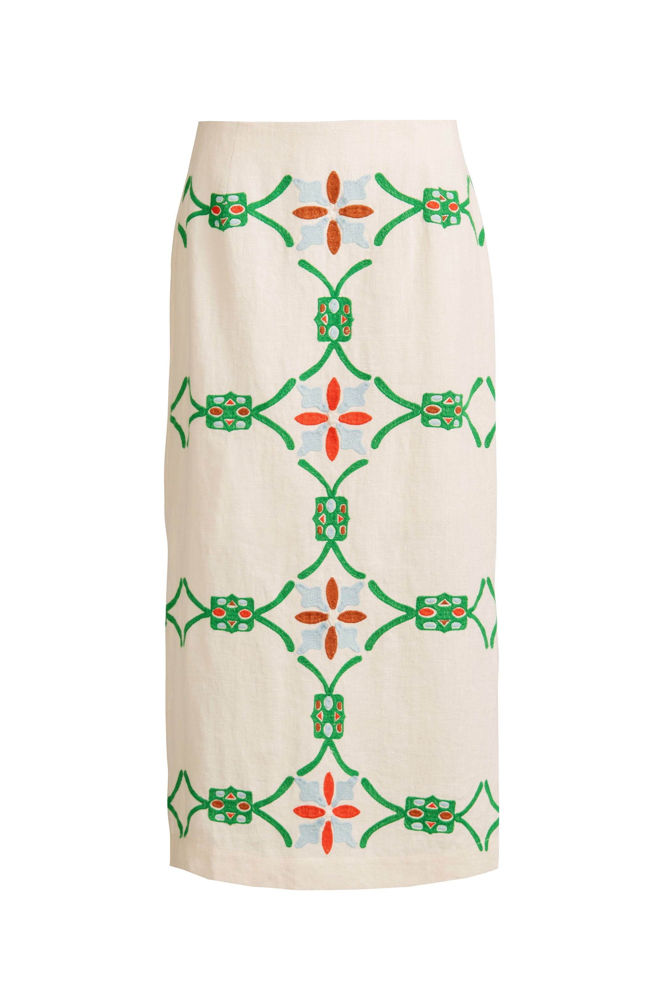 Straight ivory skirt adorned with symmetrical red, green, and blue floral stitch-work 