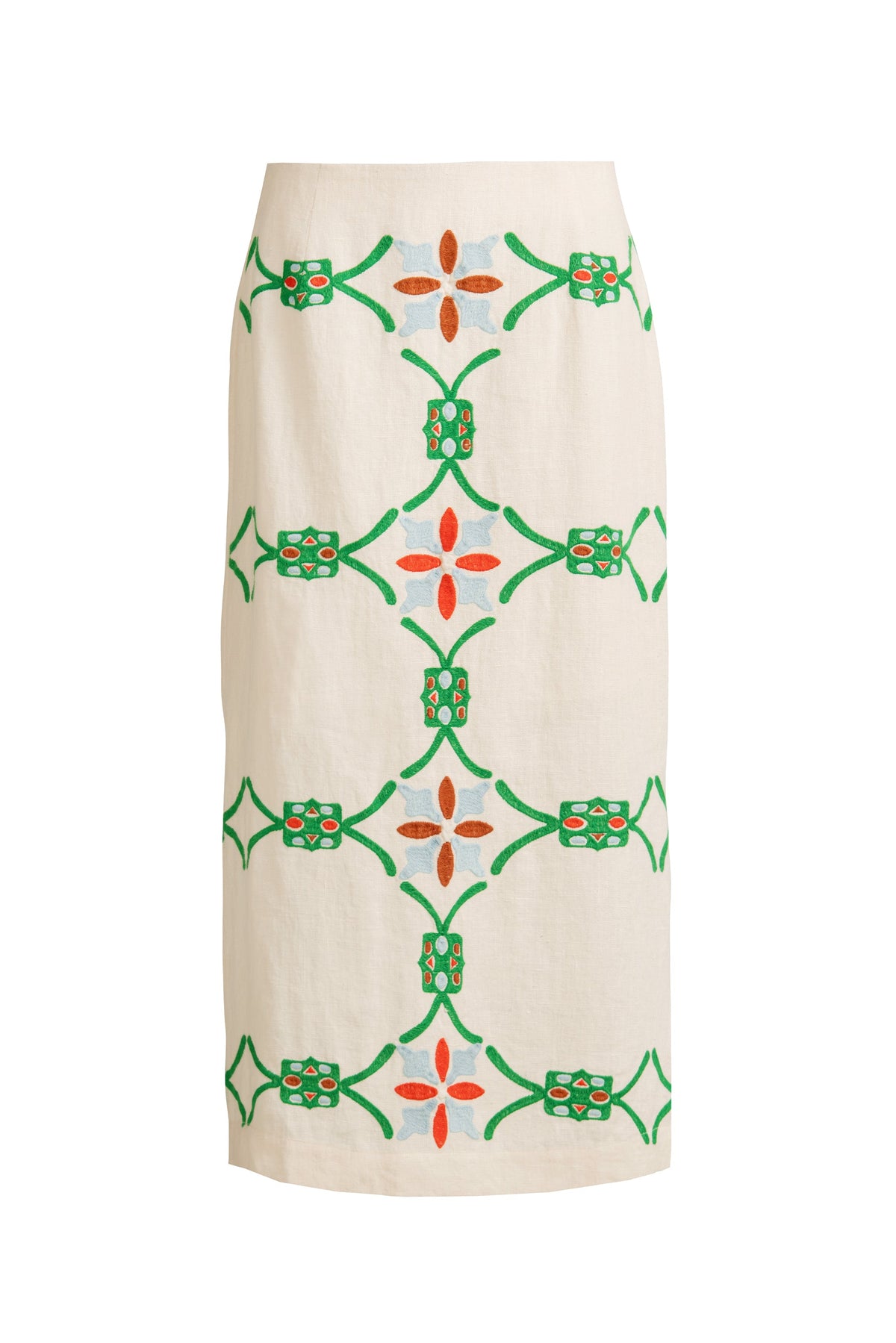 Straight ivory skirt adorned with symmetrical red, green, and blue floral stitch-work 