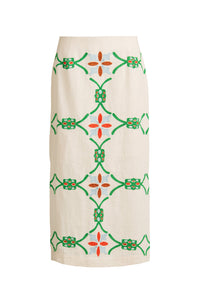 Straight ivory skirt adorned with symmetrical red, green, and blue floral stitch-work 