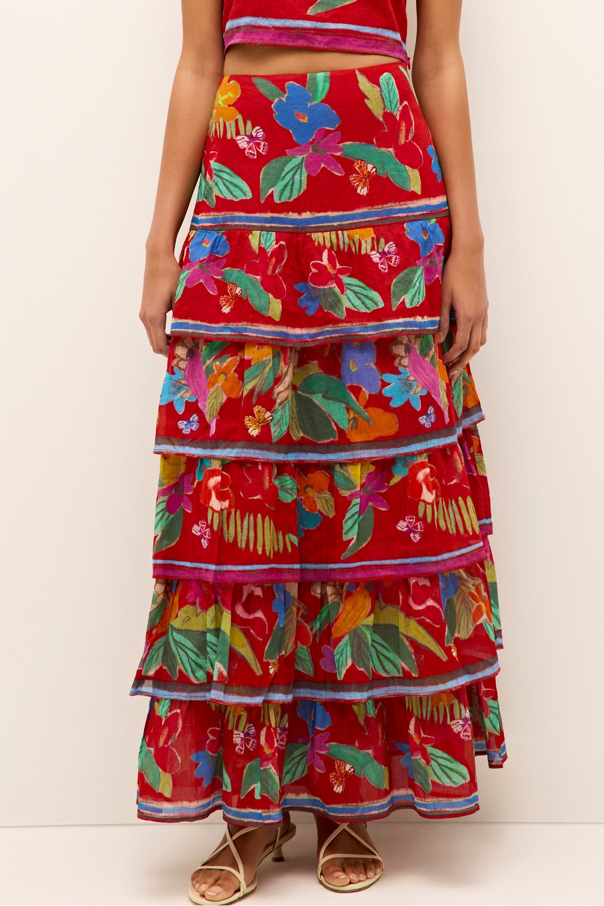 Multicolor ruffle skirt with layered silhouette and exotic botanical pattern 