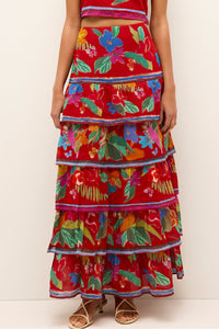 Multicolor ruffle skirt with layered silhouette and exotic botanical pattern 