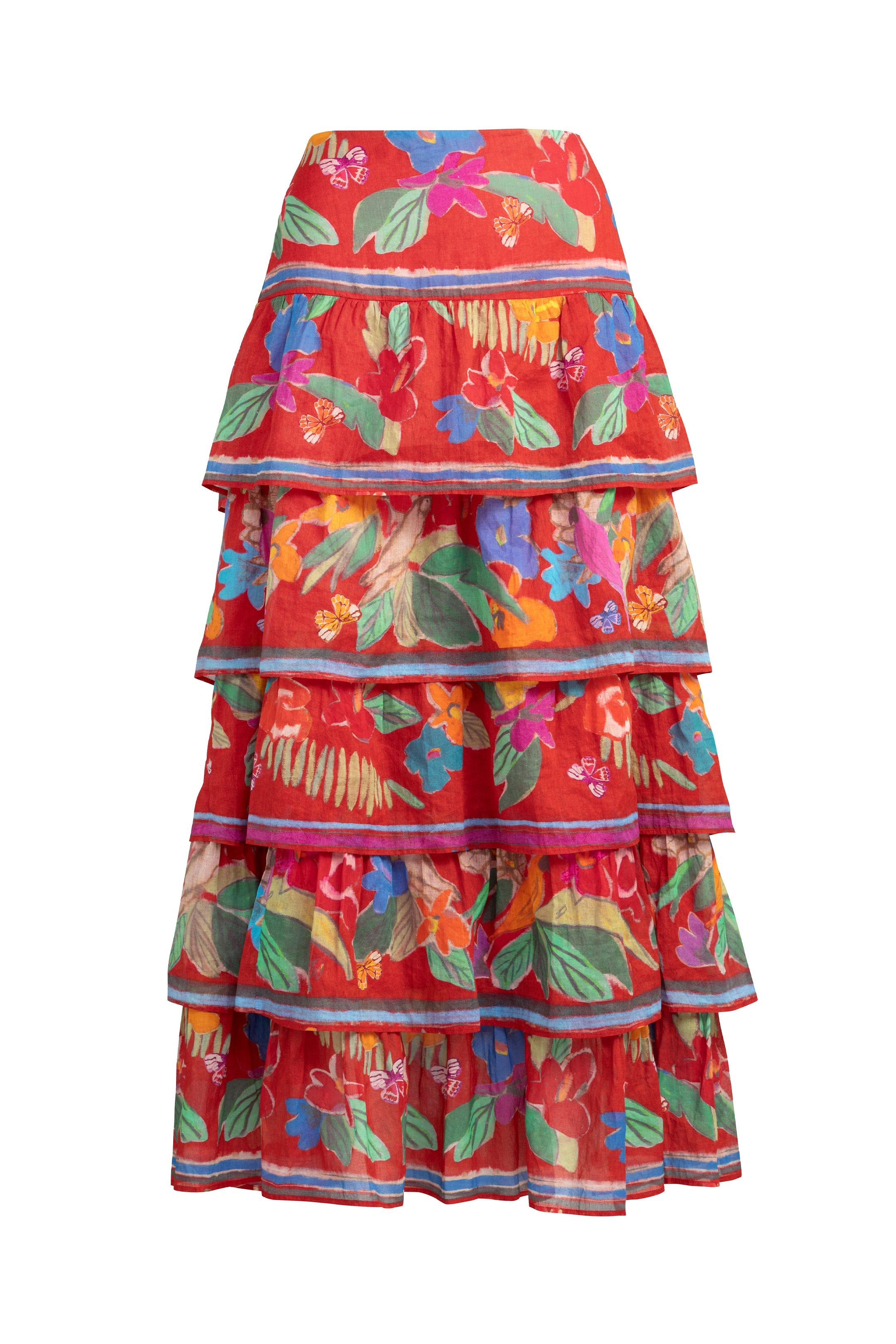 High waisted layered skirt in saturated reds, greens, blues, and yellows 