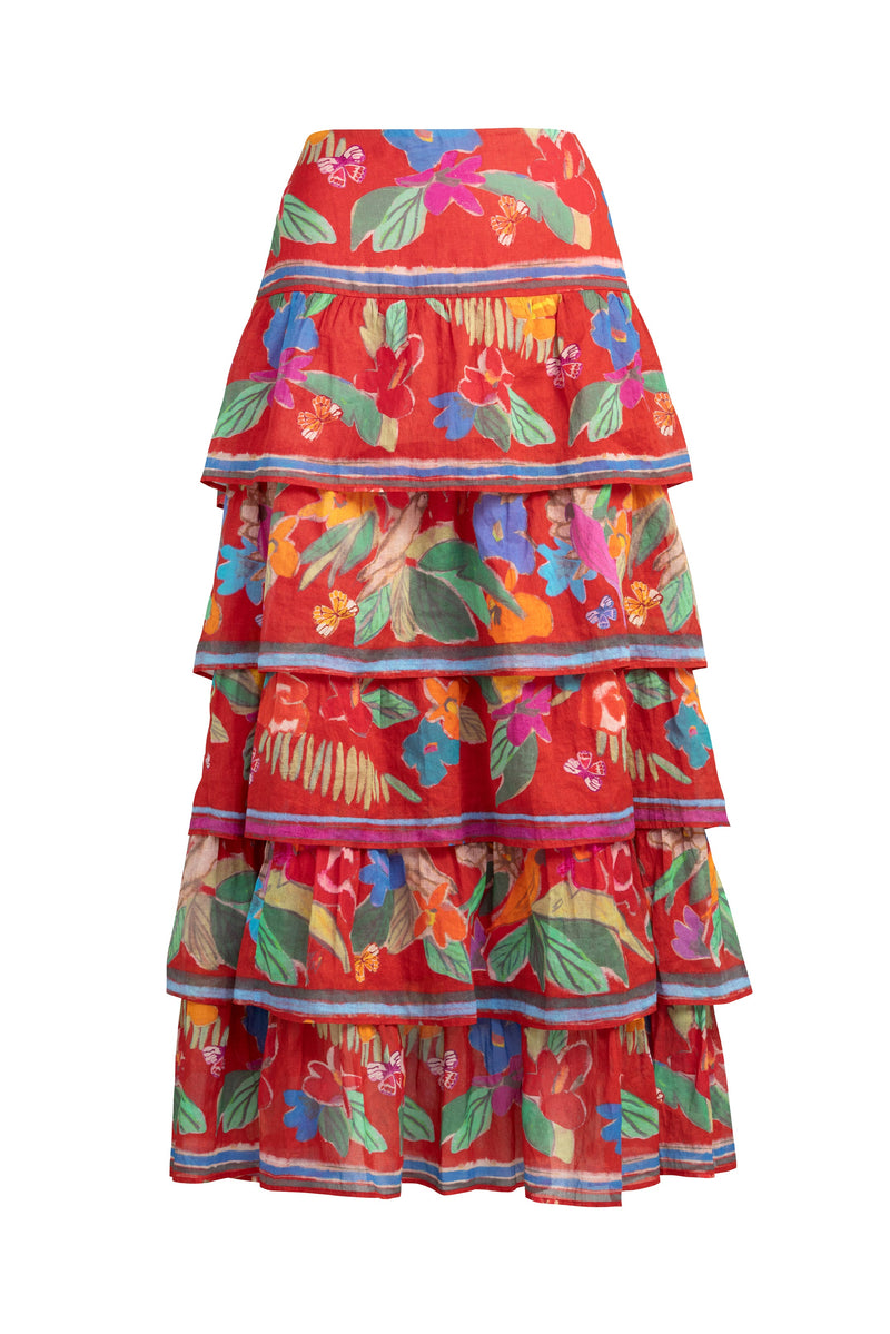 High waisted layered skirt in saturated reds, greens, blues, and yellows 