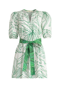 Short printed dress with elastic puff sleeves and contrasting green belt