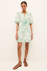 Casual summer dress with voluminous sleeves, leafy motif, and tiered skirt