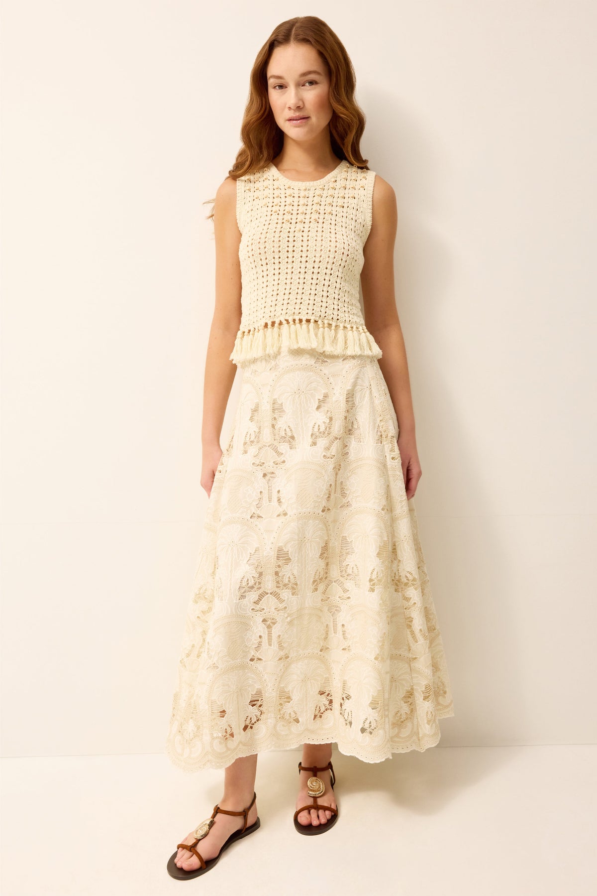 Ivory embroidered maxi skirt