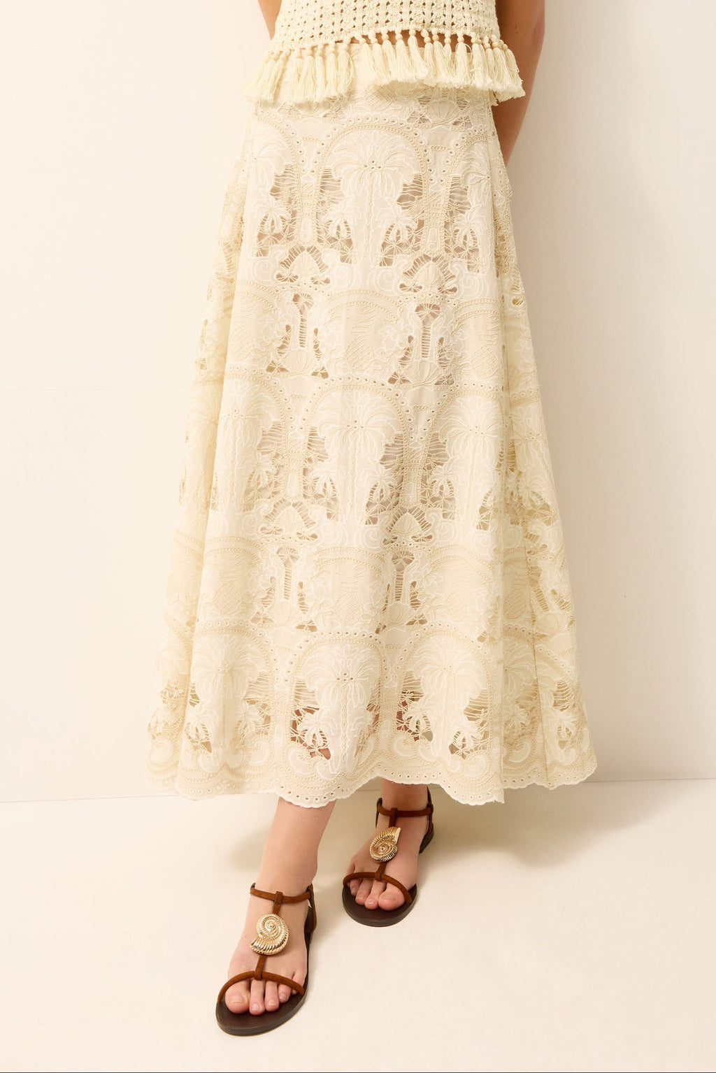 A-line ivory embroidered maxi skirt