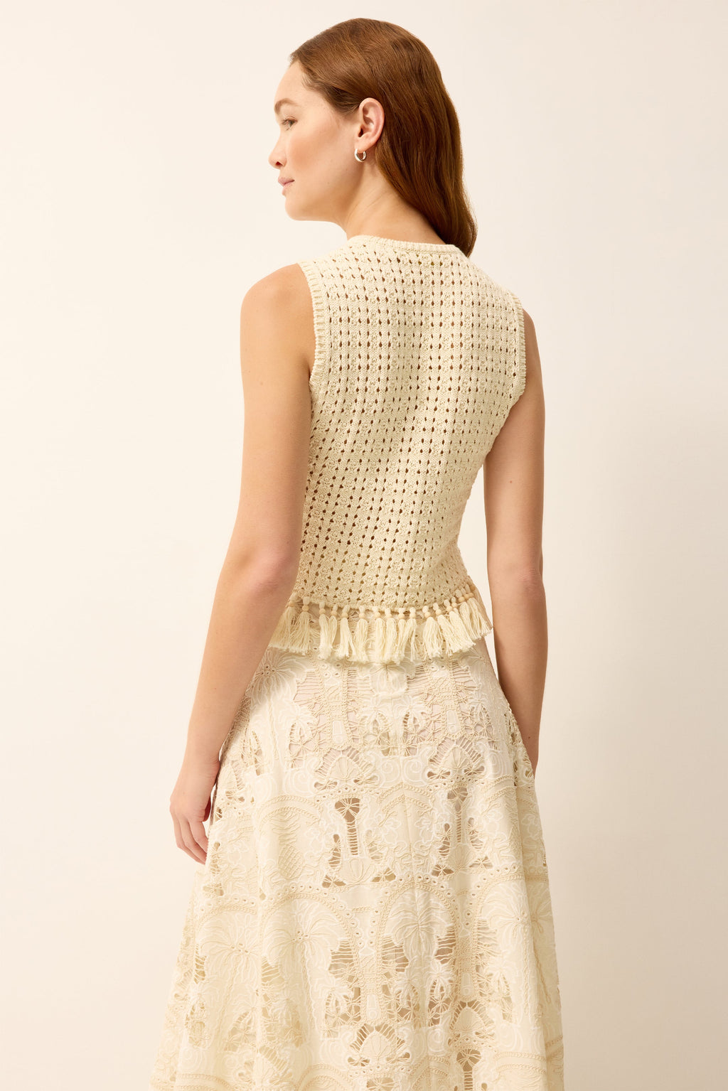 Ivory knitted tank with wooden bead detailing 