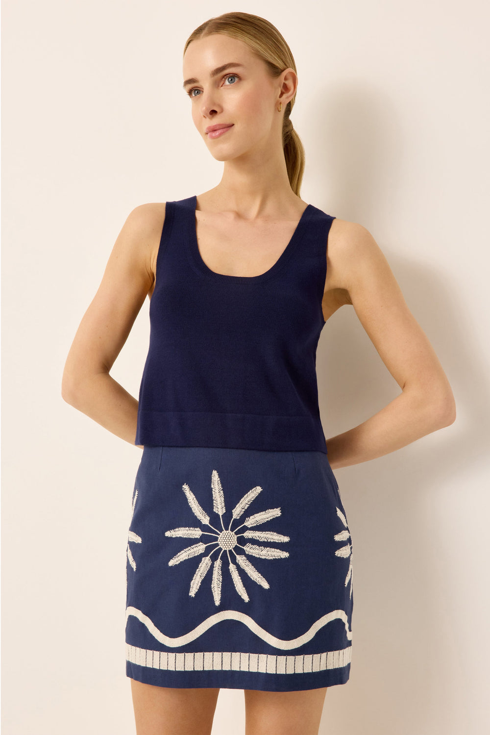 Navy blue and cream embroidered mini skirt