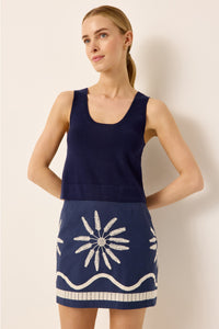 Navy blue and cream embroidered mini skirt