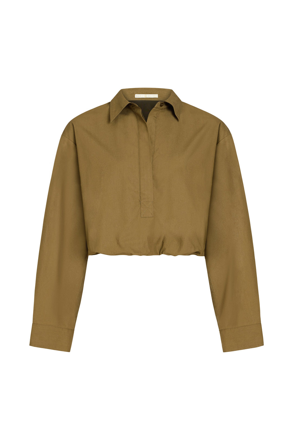 Front view of the Dallas Top in Juniper Green showing cropped fit, collar, hidden button placket, and bubble hem on white